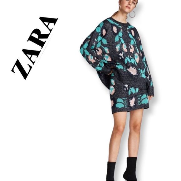 NEW ZARA KNIT SHIMMERY JACQUARD SWEATER & MINI SKIRT, US M, Blue Multi 2488/110